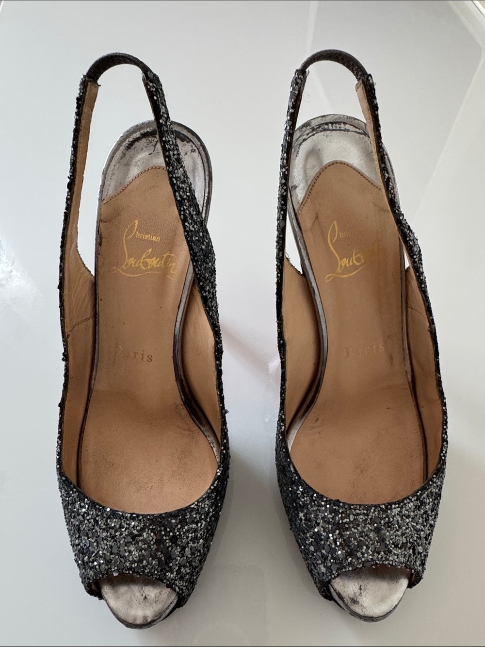 Christian Louboutin Black Glitter Peep-Toe Slingback Pumps